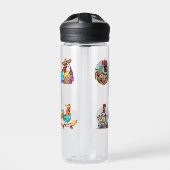 Funny Rooster Cartoon Character 4 Pack Stickers Water Bottle (Front)