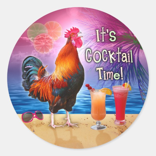 Funny Rooster Chicken Cocktails Tropical Beach Sea Classic Round Sticker (Front)