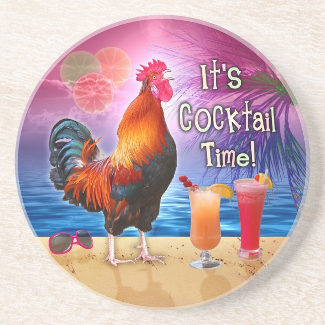 Funny Rooster Chicken Cocktails Tropical Beach Sea Coaster (Front)