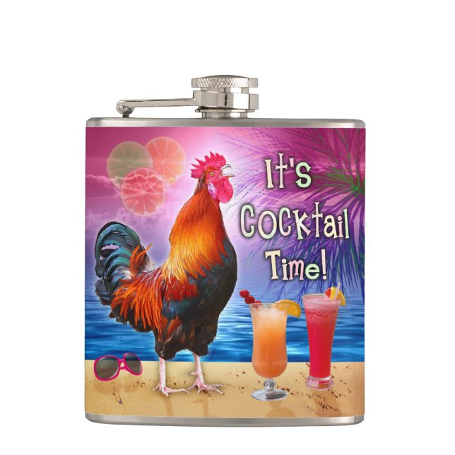 Funny Rooster Chicken Cocktails Tropical Beach Sea Hip Flask (Front)