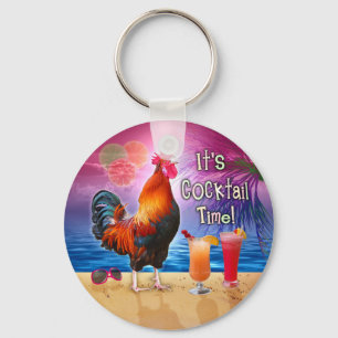 Funny Rooster Chicken Cocktails Tropical Beach Sea Key Ring
