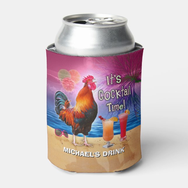 Funny Rooster Chicken Drinking Tropical Beach Name Can Cooler (Can Front)