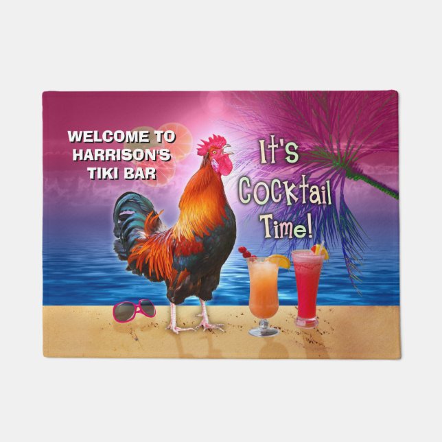 Funny Rooster Chicken Drinking Tropical Beach Name Doormat (Front)
