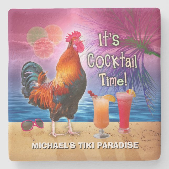 Funny Rooster Chicken Drinking Tropical Beach Name Stone Coaster (Front)