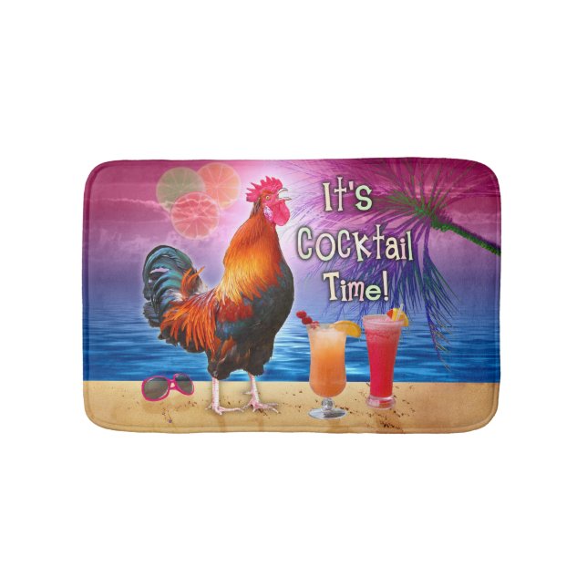 Funny Rooster Chicken Drinking Tropical Beach Sea Bath Mat (Front)