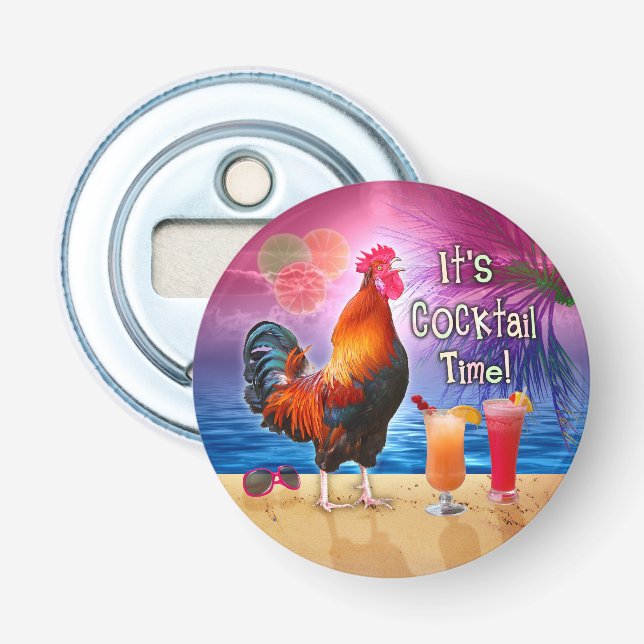 Funny Rooster Chicken Drinking Tropical Beach Sea Bottle Opener (Front)
