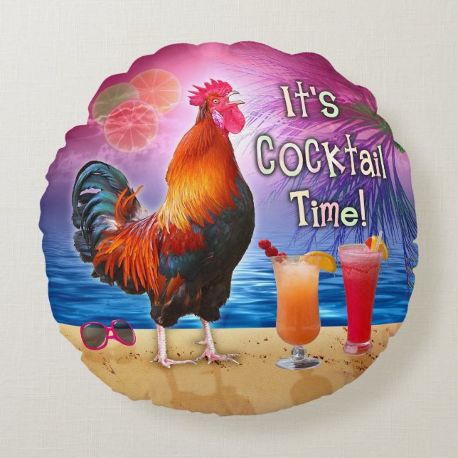 Funny Rooster Chicken Drinking Tropical Beach Sea Round Cushion (Front)
