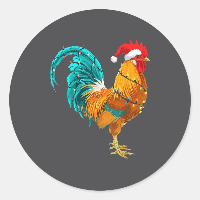 Funny Rooster Chicken Santa Christmas Lights Farme Classic Round Sticker (Front)