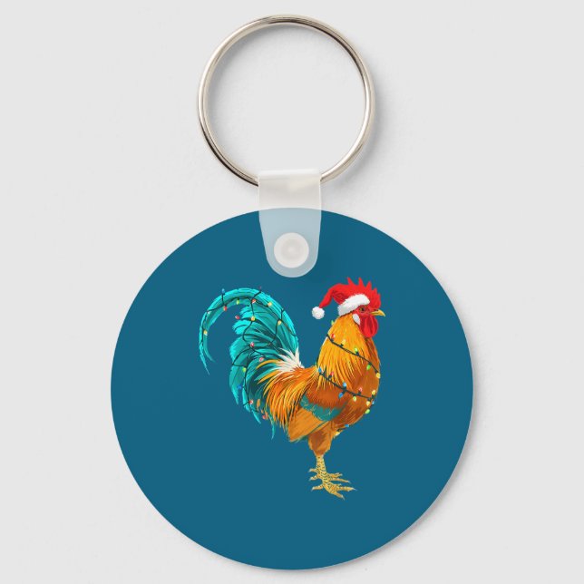 Funny Rooster Chicken Santa Christmas Lights Farme Key Ring (Front)