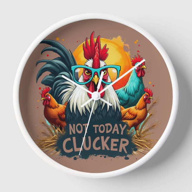 Funny Rooster "Not Today Clucker" Farm Life Art Clock (Front)