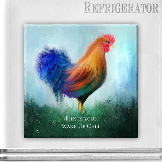 Funny Rooster Personalised Magnet (Funny magnet featuring an original painting of a colorful rooster in a grass field)