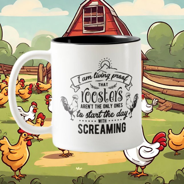 funny rooster screaming word art monogram Two-Tone coffee mug (Creator Uploaded)