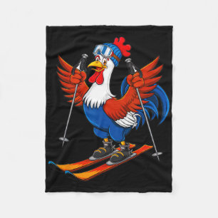 Funny Rooster Skiing Adventure Cartoon Fleece Blanket