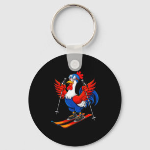 Funny rooster skiing adventure cartoon key ring