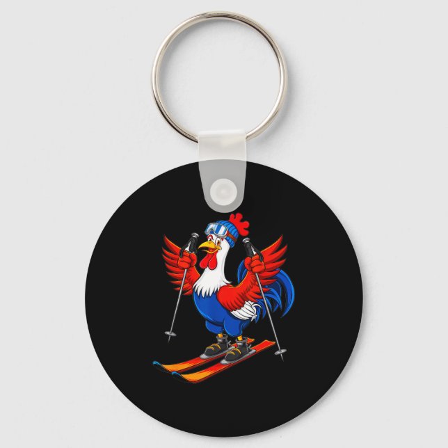 Funny rooster skiing adventure cartoon  key ring (Front)