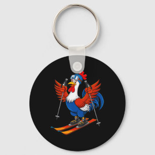 Funny Rooster Skiing Adventure Cartoon Key Ring