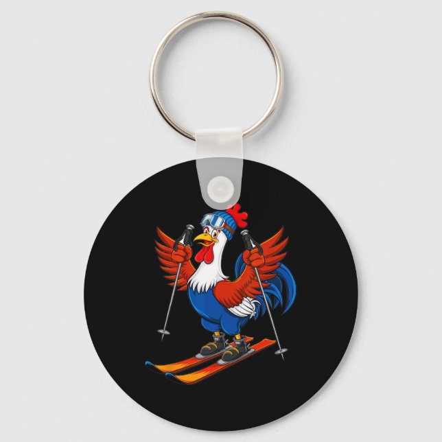 Funny Rooster Skiing Adventure Cartoon  Key Ring (Front)