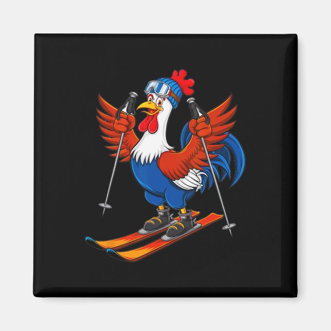 Funny Rooster Skiing Adventure Cartoon  Magnet (Front)