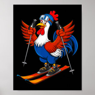 Funny Rooster Skiing Adventure Cartoon Poster