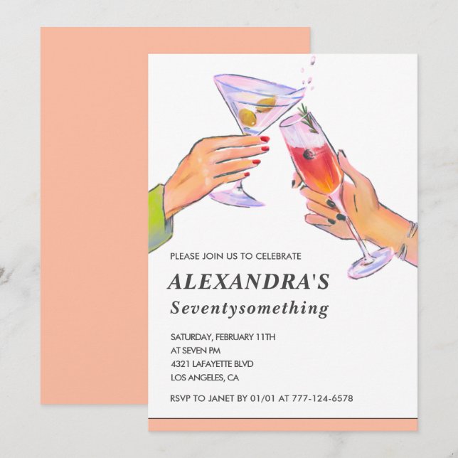  Funny Rose Gold Cocktail Champagne 74th birthday Invitation (Front/Back)