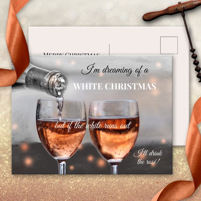 Funny Rosé Wine Christmas Postcard (Funny Christmas postcard for wine lovers, showing a painting of two glasses with a rosé wine)