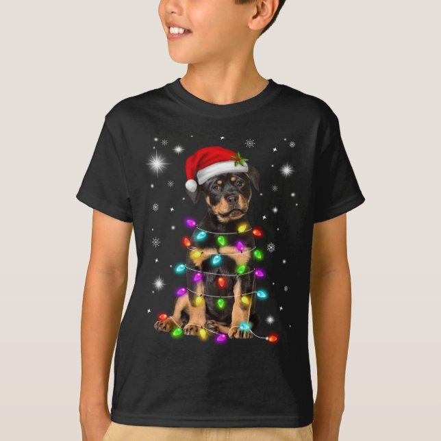 Funny Rottweiler Dog Santa Hat Christmas Lights Lo T-Shirt (Front)
