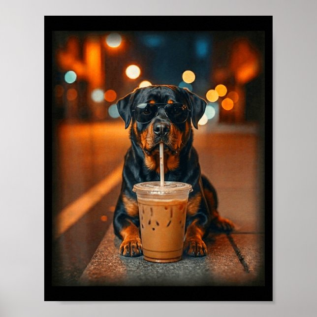 Funny rottweiler drinking iced coffee lover dog poster (Front)