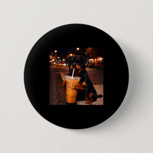 Funny rottweiler metzgerhund drinking iced coffee 6 cm round badge
