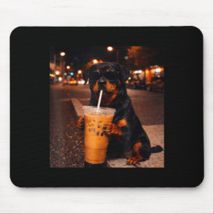 Funny rottweiler metzgerhund drinking iced coffee mouse pad