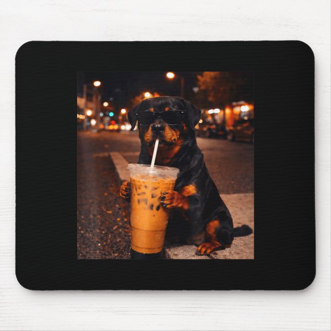 Funny rottweiler metzgerhund drinking iced coffee mouse pad (Front)