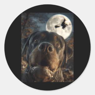 Funny Rottweiler Selfie Full Moon Flying Witch Classic Round Sticker