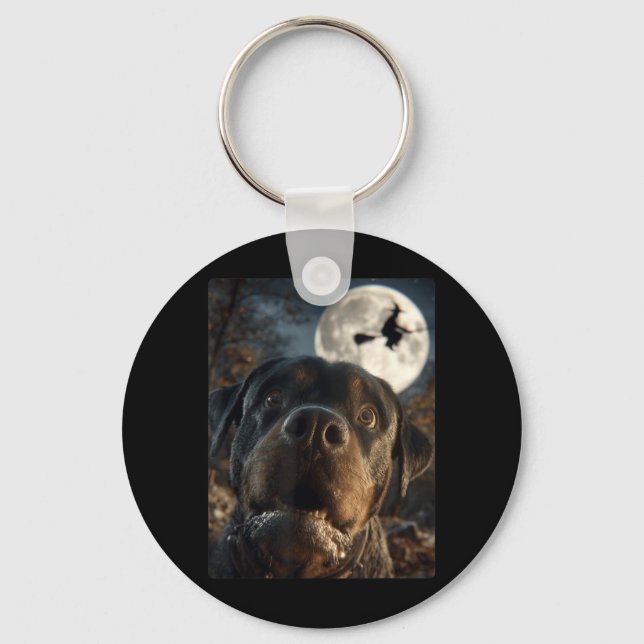 Funny Rottweiler Selfie Full Moon Flying Witch Key Ring (Front)