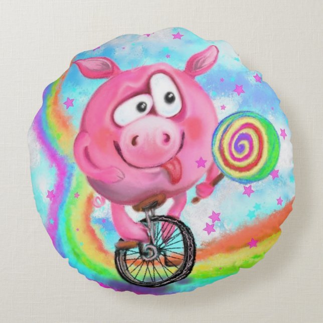 Funny Round Pillow Circus Acrobat Pig Cyclist  (Back)