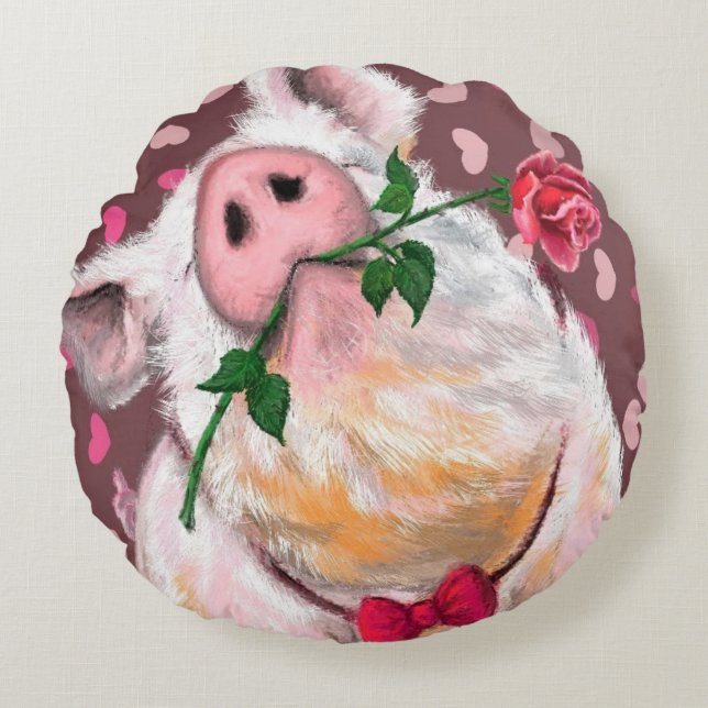 Funny Round Pillow Gentleman Pig with Rose (Front)