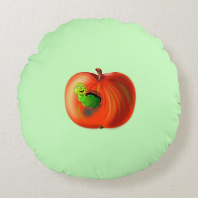 Funny Round Pillow Happy Worm In Apple (Front)