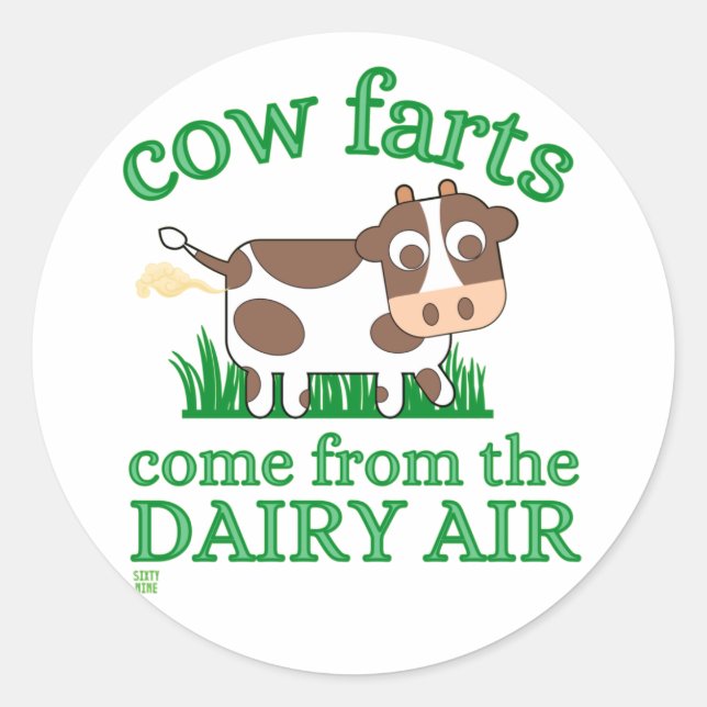 funny round sticker  "COW FARTS..." (Front)