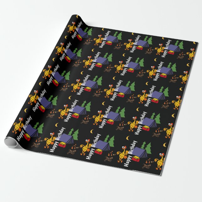 Funny Rubber Chicken Camping Cartoon Wrapping Paper (Unrolled)