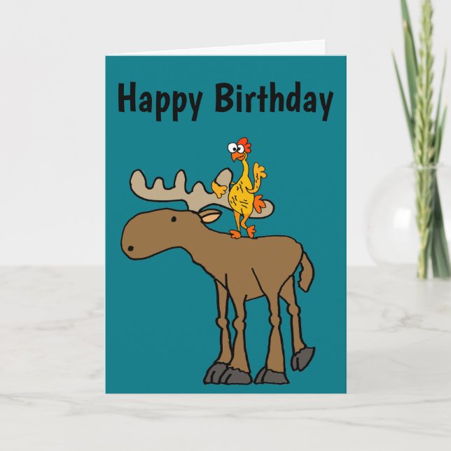 Funny Rubber Chicken Riding Moose Cartoon Card (Front)