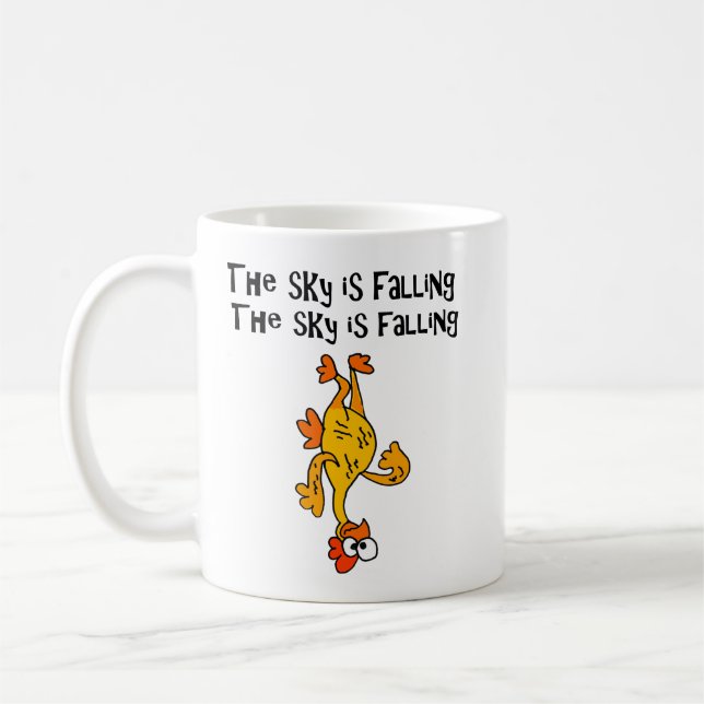 Funny Rubber Chicken Sky is Falling Cartoon Coffee Mug (Left)