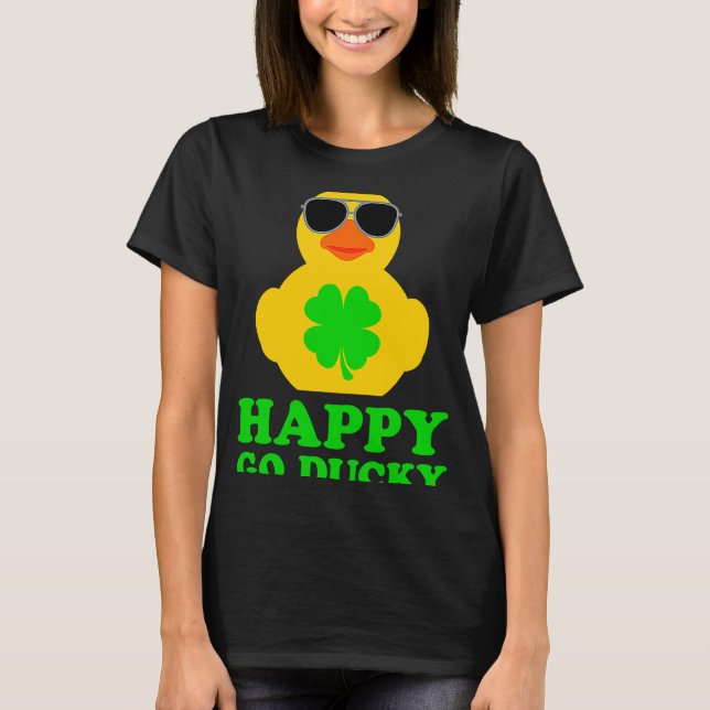 Funny Rubber Duck Four Leaf Clover Sunglasses Happ T-Shirt (Front)