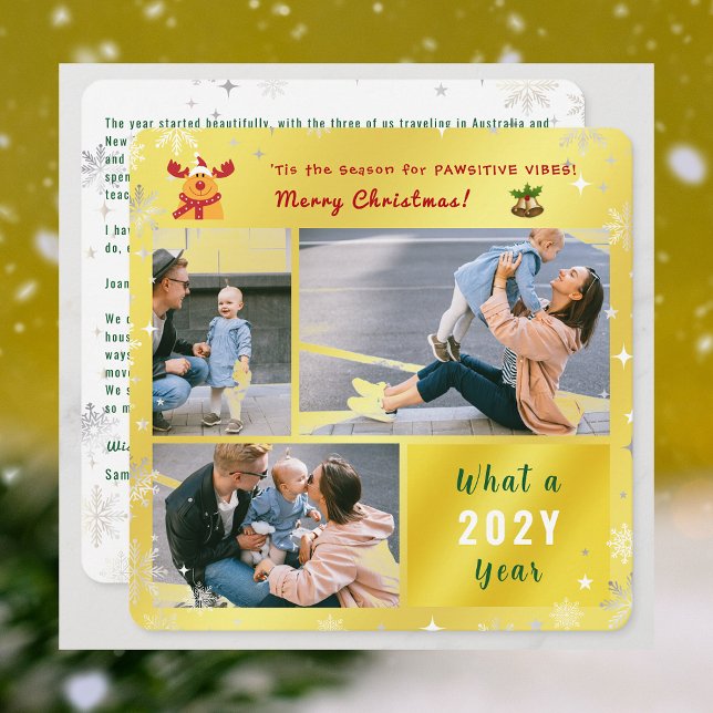 Funny Rudolph 3 Photos Cute Modern Elegant Golden  Holiday Card (Elegant Golden Funny Pawsitive Vibes Rudolph Christmas Card 3 Photos What a Year Snowflakes Stars)