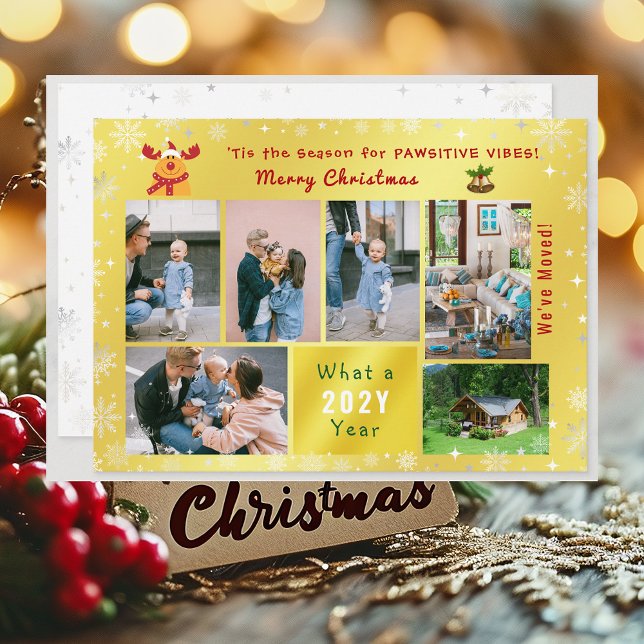 Funny Rudolph 6 Photos Collage We've Moved Golden Holiday Card ('Tis the Season for Pawsitive Vibes. Funny Cute Golden Rudolph 5 Photos Christmas We've Moved Letter)