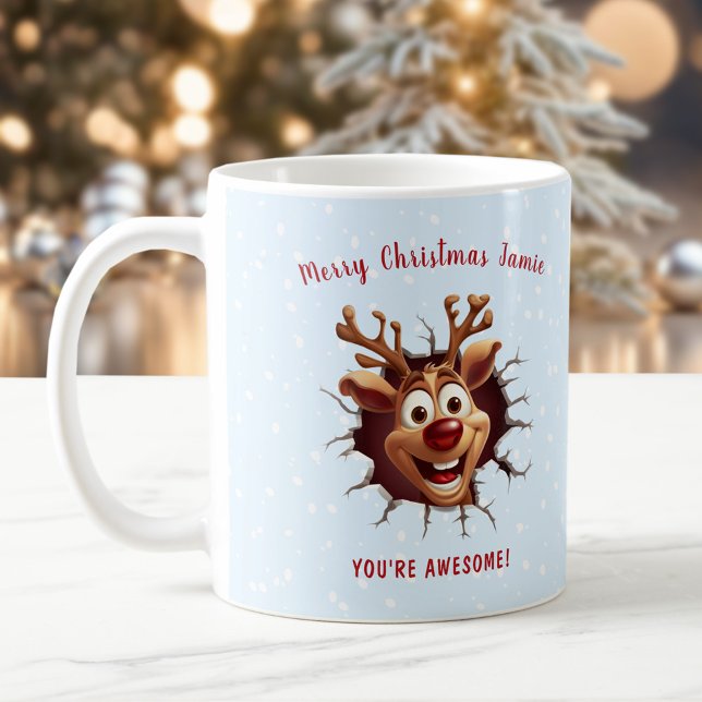 Funny Rudolph breaking through Name Blue Christmas Coffee Mug (Funny Rudolph breaking through Name Blue Christmas Coffee Mug)