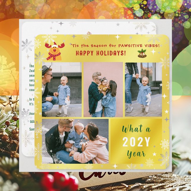 Funny Rudolph Happy Holidays Cute Golden 4 Photos Holiday Card (Cute Funny Rudolph Pawsitive Vibes Happy Holidays 'Tis the Season 4 Photos Golden What a Year Letter)