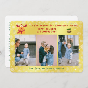 Funny Rudolph Minimalist Elegant 3 Photos Golden Holiday Card