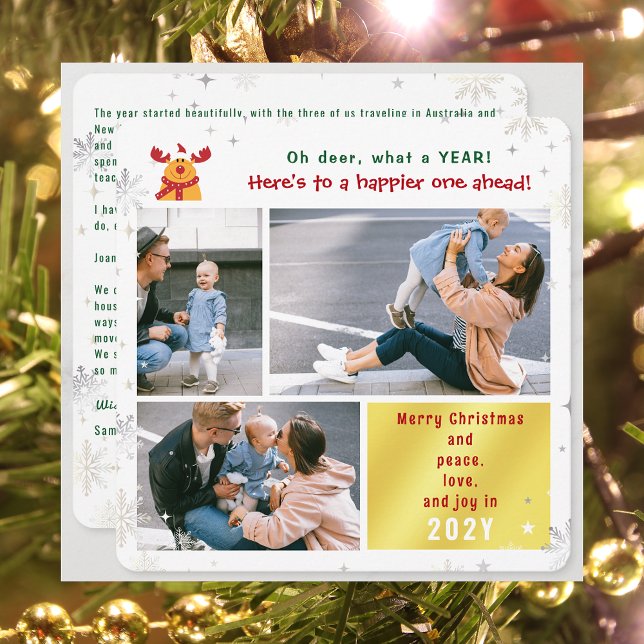 Funny Rudolph Oh Deer Peace Love Joy Cute 3 Photos Holiday Card (Funny Cute Rudolph Oh Deer What a Year Merry Christmas Happy New Year 3 Photos Letter Elegant Modern)