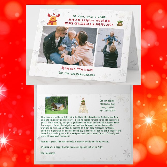Funny Rudolph Oh Deer We've Moved 3 Photos Collage Card (Funny Rudolph Oh deer what a year Christmas card. 3 Photos. We've Moved. Cute, festive snowflakes)