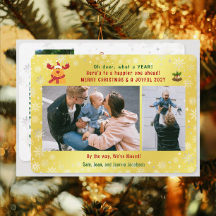 Funny Rudolph Oh Deer We've Moved 3 Photos Golden Holiday Card
