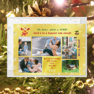 Funny Rudolph Oh Deer We've Moved 5 Photos Golden Holiday Card