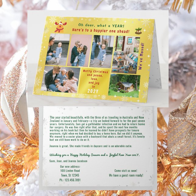 Funny Rudolph Oh Deer We've Moved 6 Photos Golden Card (Funny Rudolph Oh deer Christmas card. 6 Photos. Peace, love, joy. We've Moved. Elegant, golden. Snow)
